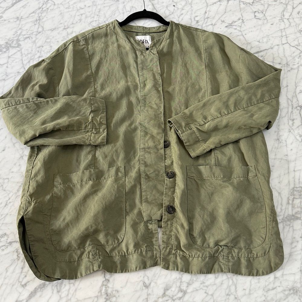 Zara Army Jacket Button Down Pockets Lightweight Oversized Small